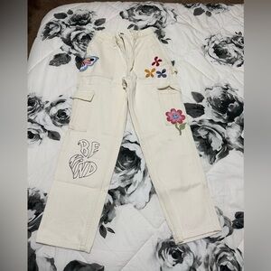 PacSun Cream Casual Pants with Artistic Embellishments